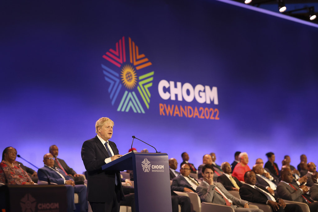 British Prime Minister Boris Johnson delivers remarks  at the opening of the Commonwealth Heads of Government Meeting in Kigali on June 14. Courtesy