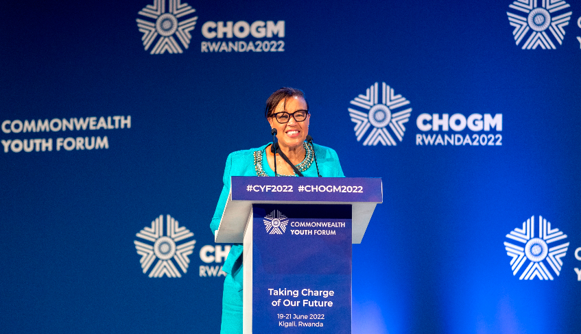 Patricia Scotland QC, the Commonwealth Secretary-General delivers remarks  at the closure of a three-day Commonwealth Youth Forum in Kigali on June 21.She was re-elected as Commonwealth Secretary General. / Courtesy