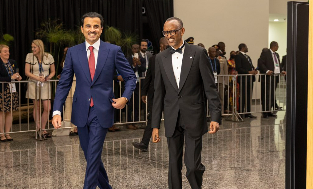 President Kagame and High Highness Tamim bin Hamad Al Thani, the Amir of the State of Qatar arrive for the State Banquet on Thursday night.