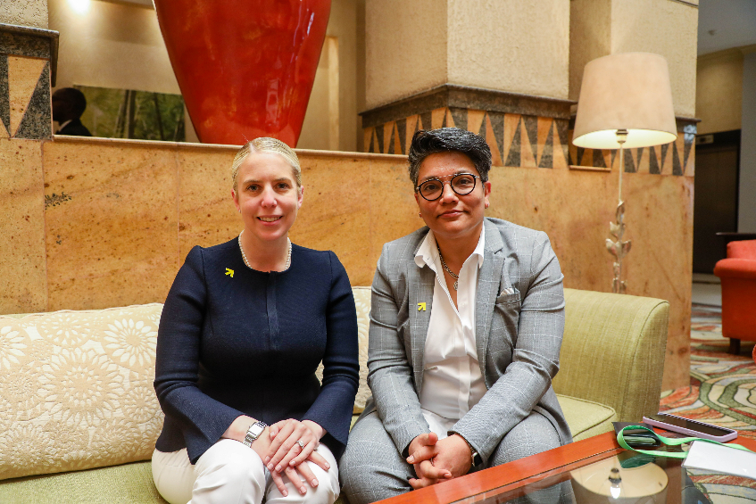 Maliha Khan, Women Deliveru2019s President and CEO (L) and Kathleen Sherwin, Women Deliveru2019s outgoing CEO and incoming board member during the interview at Kigali Serena Hotel. / Photo by Dan Nsengiyumva