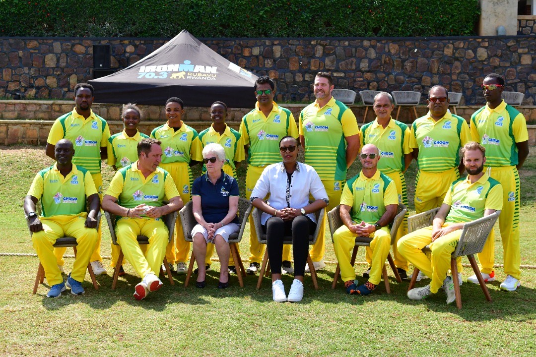 Minister of Sports Aurore Munyagaju poses for a photo with players at Gahanga Cricket Stadium on June 23. All Photos by Craish Bahizi