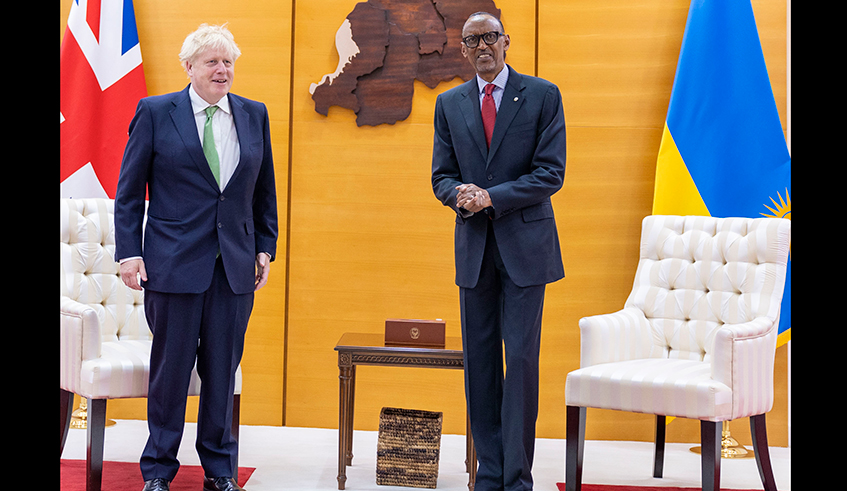 President Paul Kagame receives Boris Johnson, the Prime Minister of the United Kingdom at Village Urugwiro on Thursday, June 23.  The two leaders held talks on existing partnerships between Rwanda and the UK, including the recent Migration and Economic Development partnership. Speaking at the Commonwealth Business Forum, on Thursday, Johnson said intra-Commonwealth trade is set to grow by 50% to $19.5 trillion in the next five years.  / Photo: Village Urugwiro. 