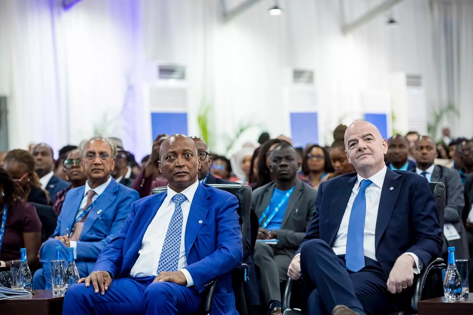 CAF President Patrice Motsepe (L) and Fifa President, Gianni Infantino, listen to speakers attentively during the Commonwealth Business Forum on Thursday, June 23, in Kigali. 