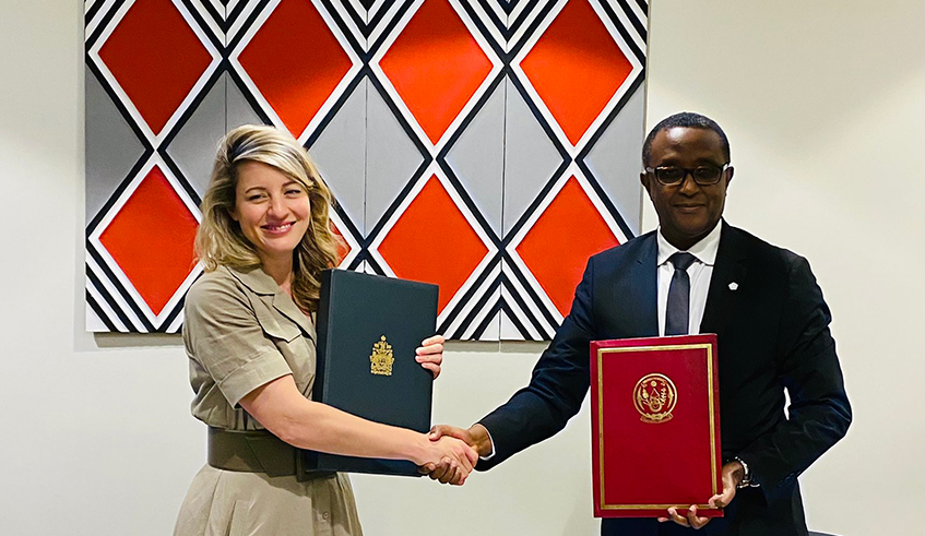 The Canada-Rwanda Air Transport Agreement was signed by Dr Vincent Biruta, the Minister for Foreign Affairs and International Cooperation, and Mu00e9lanie Joly, Canadau2019s Minister of Foreign Affairs, in Kigali on June 25. Photo: Courtesy.