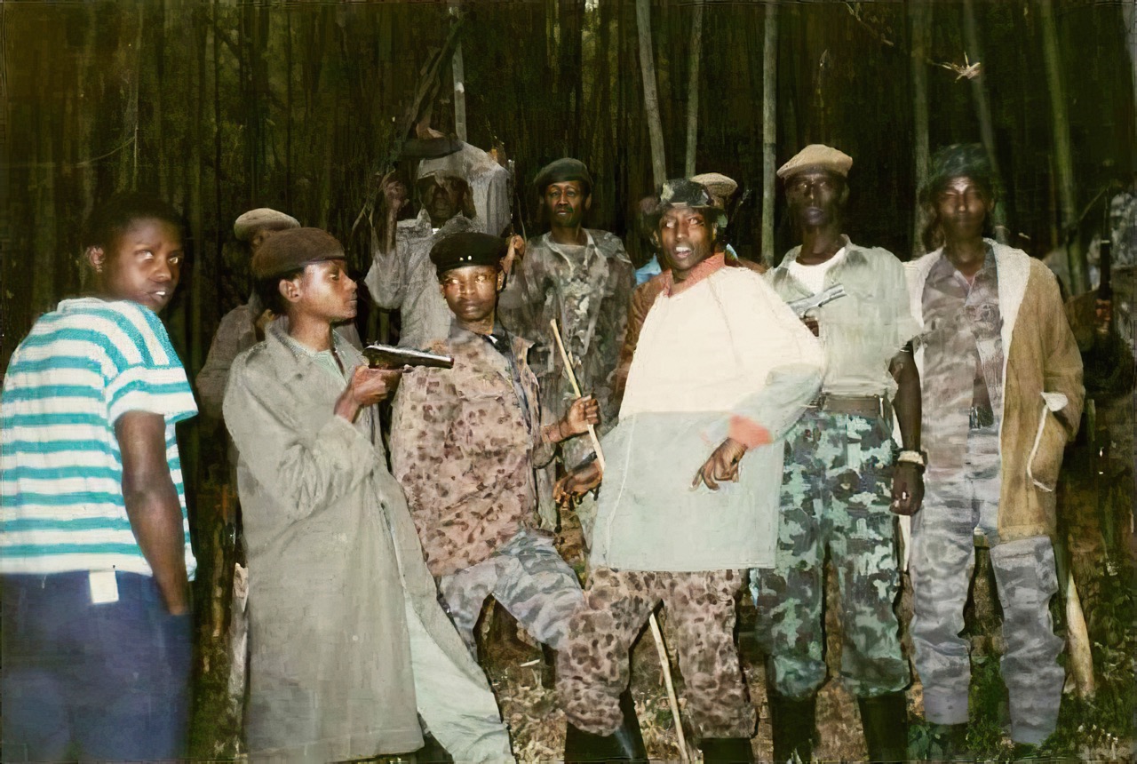 RPA fighters during the struggle in the Volcanoes National Park. The bamboo thicket gave the fighters cover to conduct their covert operations against the enemy. 