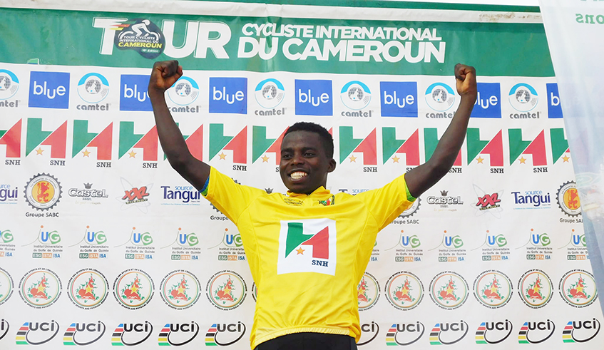 Team Rwanda rider Moise Mugisha celebrates after winning the Tour du Cameroun last month. Moise Mugisha is undergoing treatment as he bids to be fit for the forthcoming Commonwealth Games. Photo: Courtesy.
