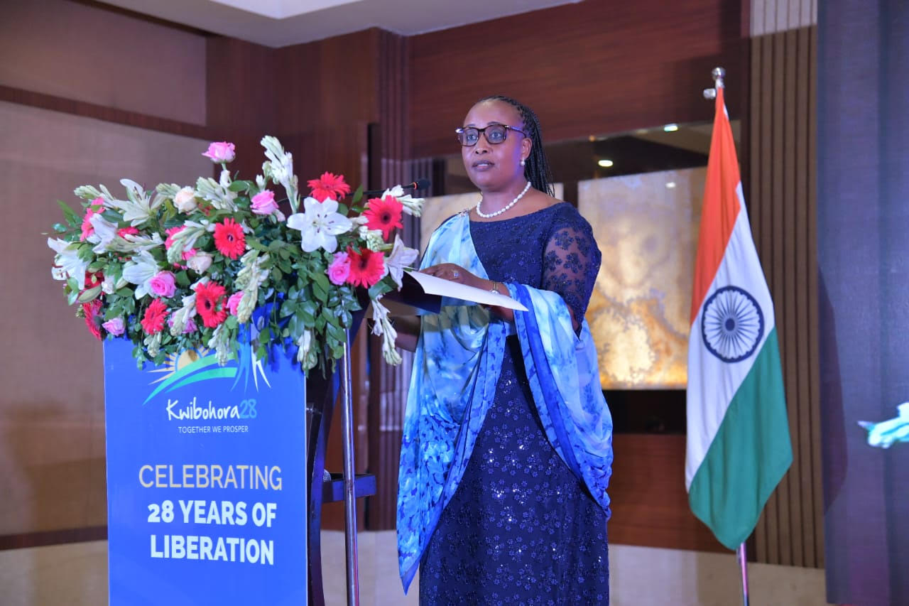 Jacqueline Mukangira, Rwandau2019s High Commissioner to India delivers remarks during the  28th Anniversary of Rwandau2019s Liberation Day  in New Delhi on Monday, July 4