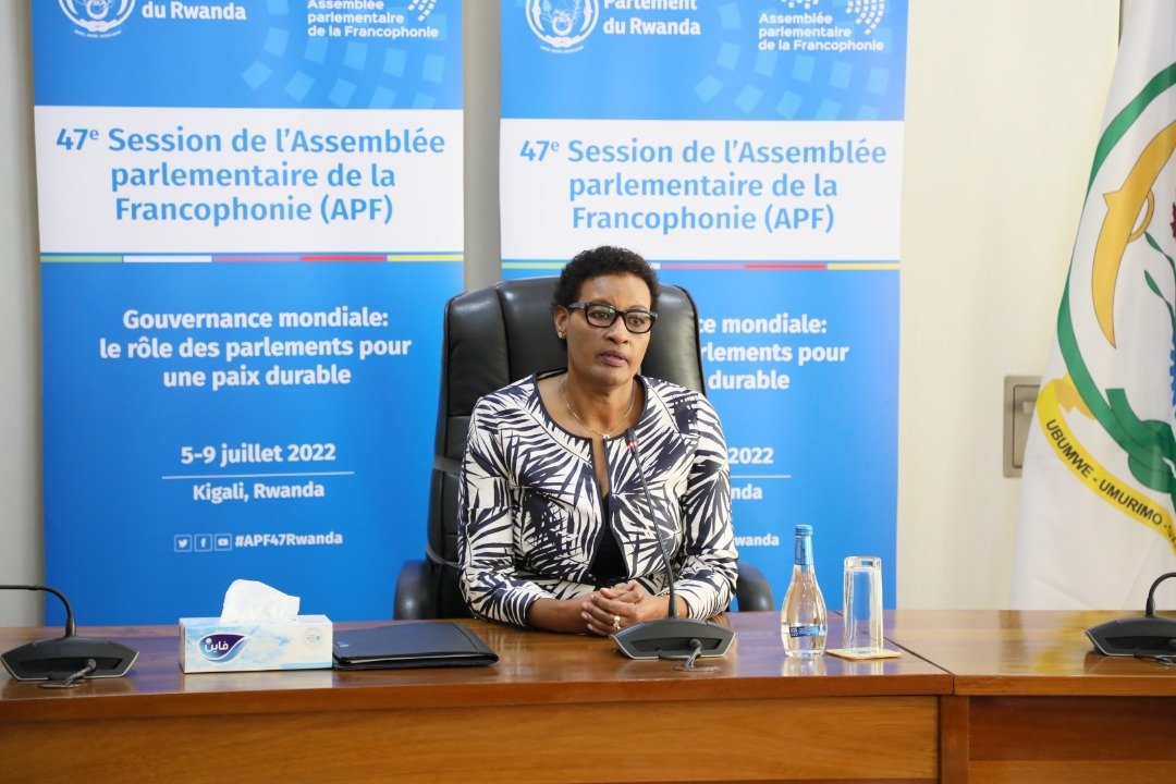 Speaker Donatille Mukabalisa, President of the Chamber of Deputies of Rwanda addresses the media about the Members of the Parliamentary Assembly of La Francophonie in Kigali on July 5. / Courtesy
