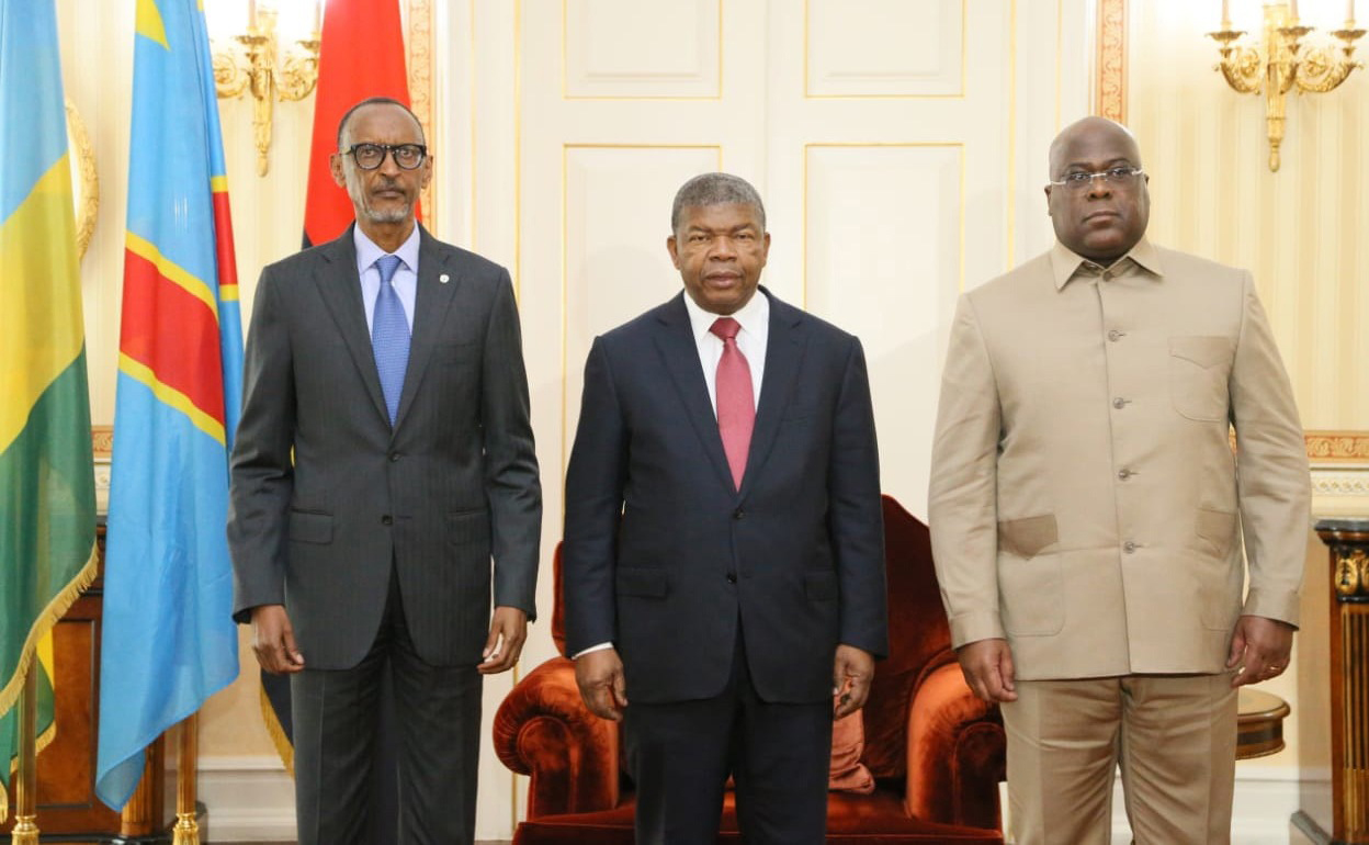 L-R: Presidents Paul Kagame of Rwanda, Jou00e3o Lourenu00e7o of Angola and Felix Tshisekedi of DR Congo pose for a photo after meeting in Luanda on Wednesday, July 6. The leaders agreed on a roadmap to ease tensions between Kigali and Kinshasa and help end the conflict in eastern DR Congo.  Photo: Courtesy. 
