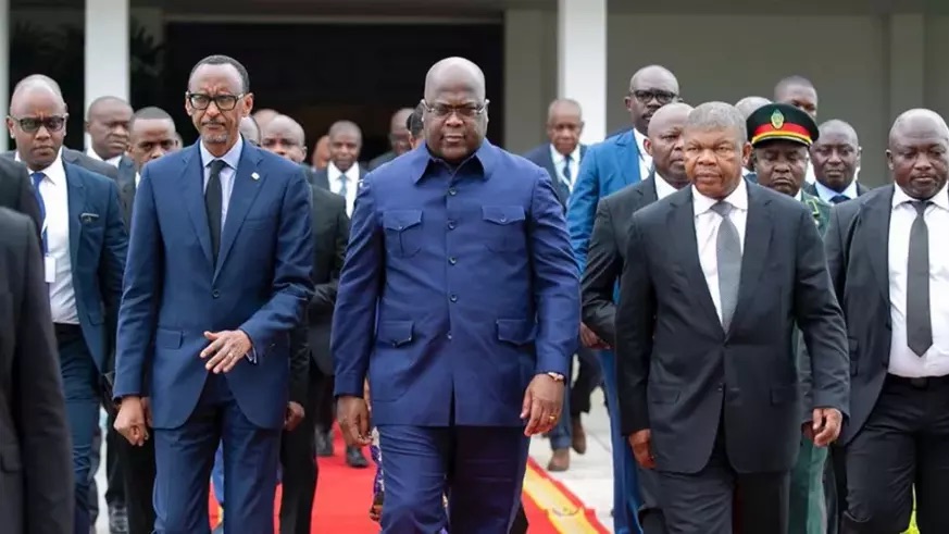 L-R: Presidents Paul Kagame, Felix Tshisekedi of DR Congo and Angola's Jou00e3o Lourenu00e7o during a tripartite meeting in Kinshasa on May 31, 2019. 