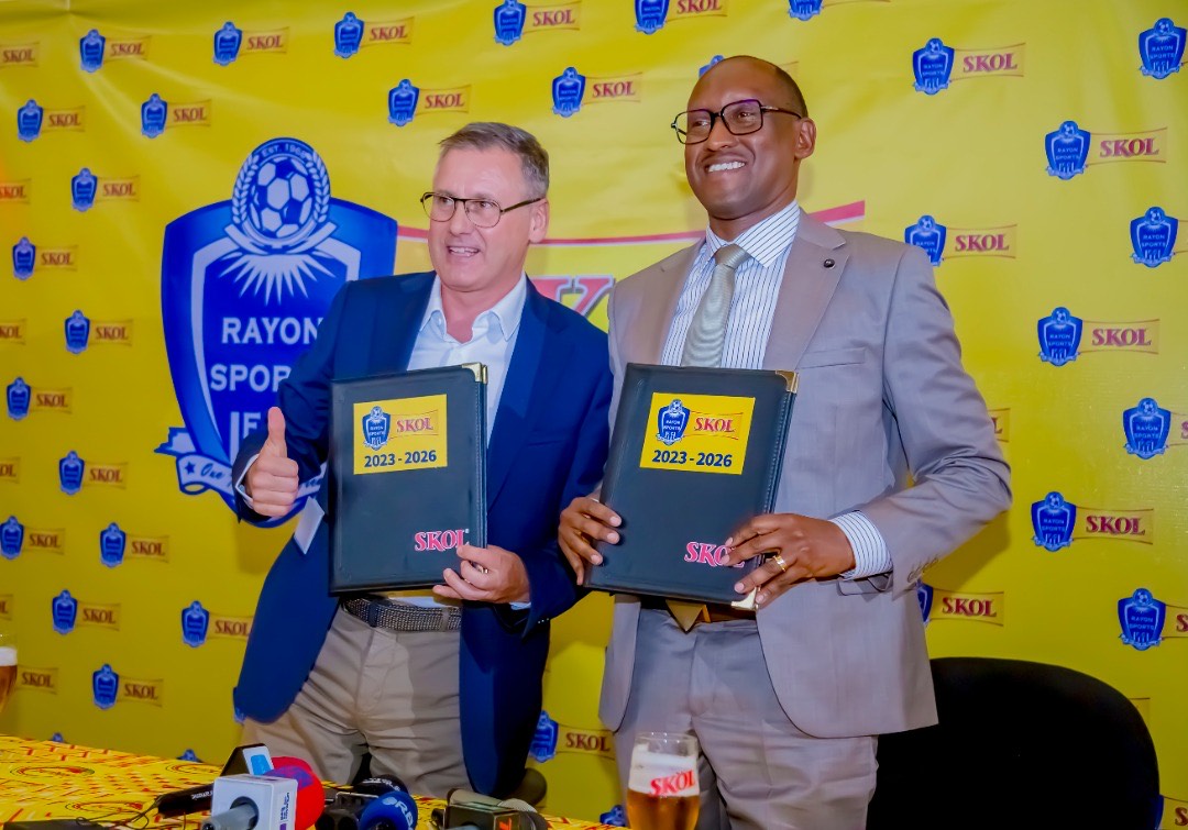 SKOL boss Ivan Wulffaert and Rayon Sports president Jean-Fidu00e8le Uwayezu after signing Rwf1 billion partnership extension on Friday at SKOL headquarters. 