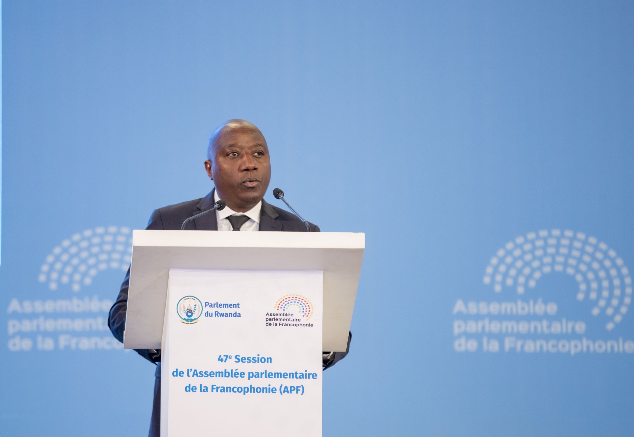 Prime Minister Edouard Ngirente delivers remarks while officially opening the 47th Plenary Session of the Parliamentary Assembly of La Francophonie  in Kigali on Friday July 8. Courtesy