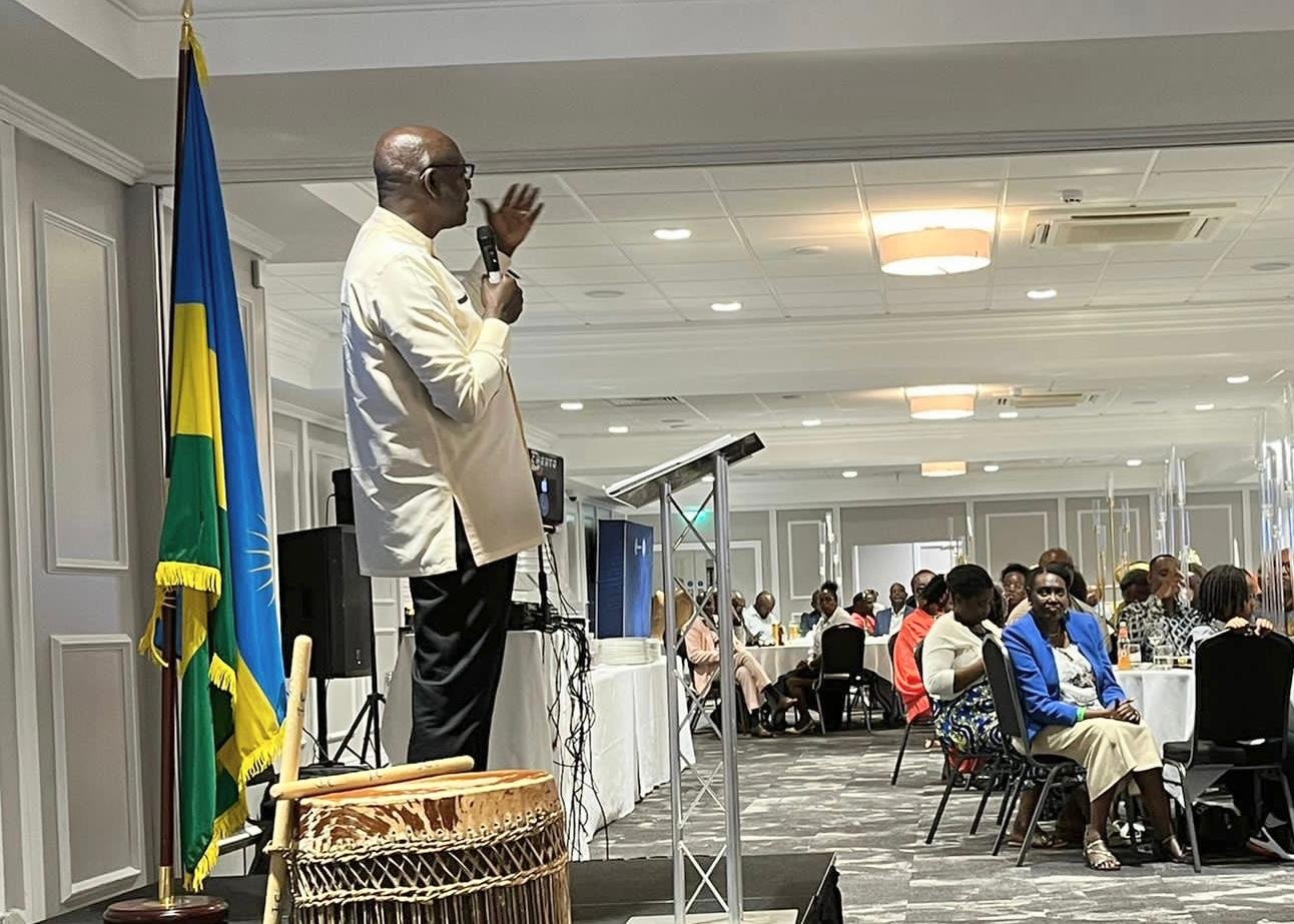 Johnston Busingye, Rwanda' High Commissioner to the UK delivers remarks during the celebration of the Liberation Day in UK . Courtesy
