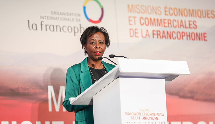Louise Mushikiwabo, the Secretary-General of La Francophonie delivers remarks during  the La Francophonie Economic and Trade Mission in Kigali on July 12. / Photo by Dan Nsengiyumva