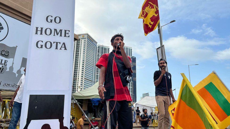 One of the demonstrators in Colombo delivers a speech to the crowd.