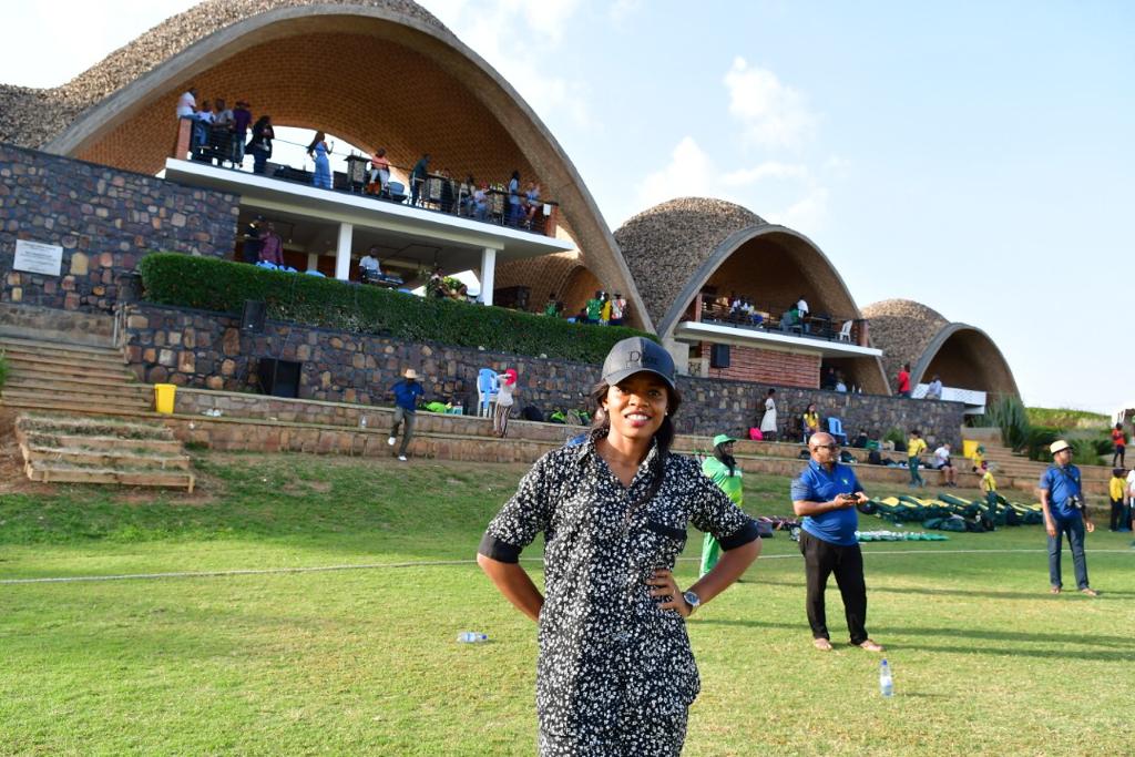 Ijeoma Okigbo, the Nigerian sports journalist at Gahanga Cricket Stadium in Kigali. 