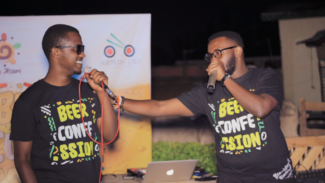 Chris Ivan Mugabo and his co-host Didan Mugabo during the first edition of Beer Confessions. 