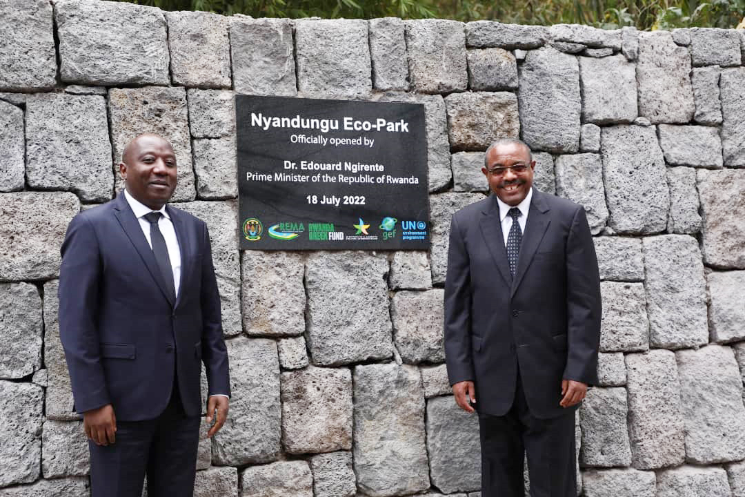 Prime Minister Edouard Ngirente and former Ethiopian Prime Minister Hailemariam Desalegn officially inaugurate Nyandungu Eco-Tourism Park in Kigali on July 18. The 121-hectare park, restored within six years, was launched on the sidelines of the Africa Protected Areas Congress, which is taking place in Kigali. /  Photo: Dan Nsengiyumva.