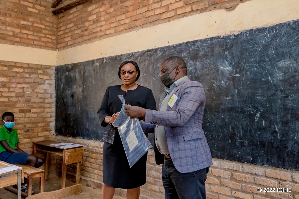 Minister of Education, Valentine Uwamariya  at the official opening of the Primary Leaving Examinations (PLE) that took place at GS Nyagasambu School in Rwamagana District on July 18. Courtesy