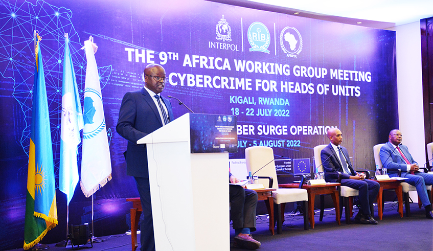 Jeannot Ruhunga, Secretary General of RIB addresses  the 9th Africa Working Group meeting on Cybercrime for heads of units, in Kigali on July 18. Courtesy.