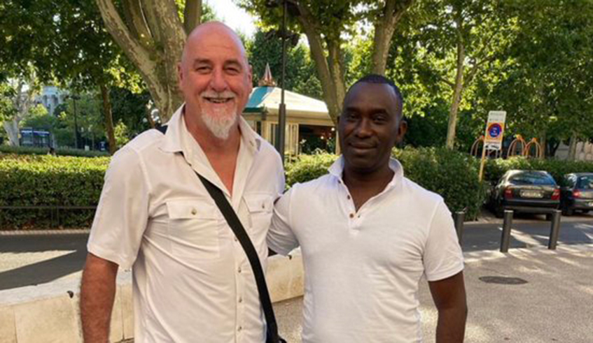 Patrick Aussems (left) poses for a photo with SC Kiyovu president Juvenal Mvukiyehe recently. Kenyan side AFC Leopard says the Belgian coach will return to the team soon after reports that the Green Baggies had finalised a deal with him. Photo: Courtesy.