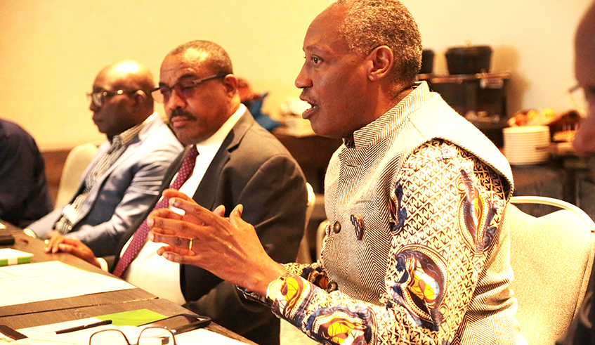 Kaddu Sebunya, CEO of African Wildlife Foundation speaks during the launch of A Pan-African Conservation Trust,as  Hailemariam Desalegn,Chairperson of the A-PACT steering committee looks on.Courtesy