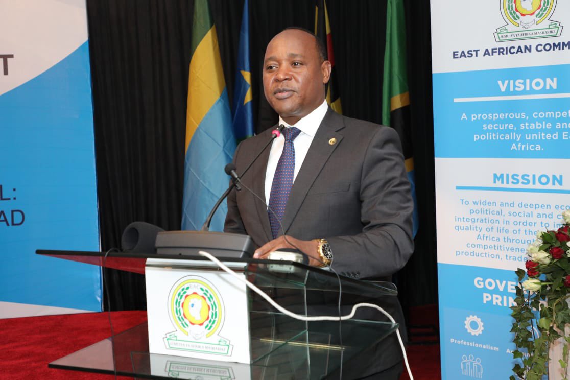 EAC Secretary General Peter Mathuki delivers remarks during the opening of EAC High-Level Retreat for the Summit on the EAC Common Market in Arusha on July 20. 