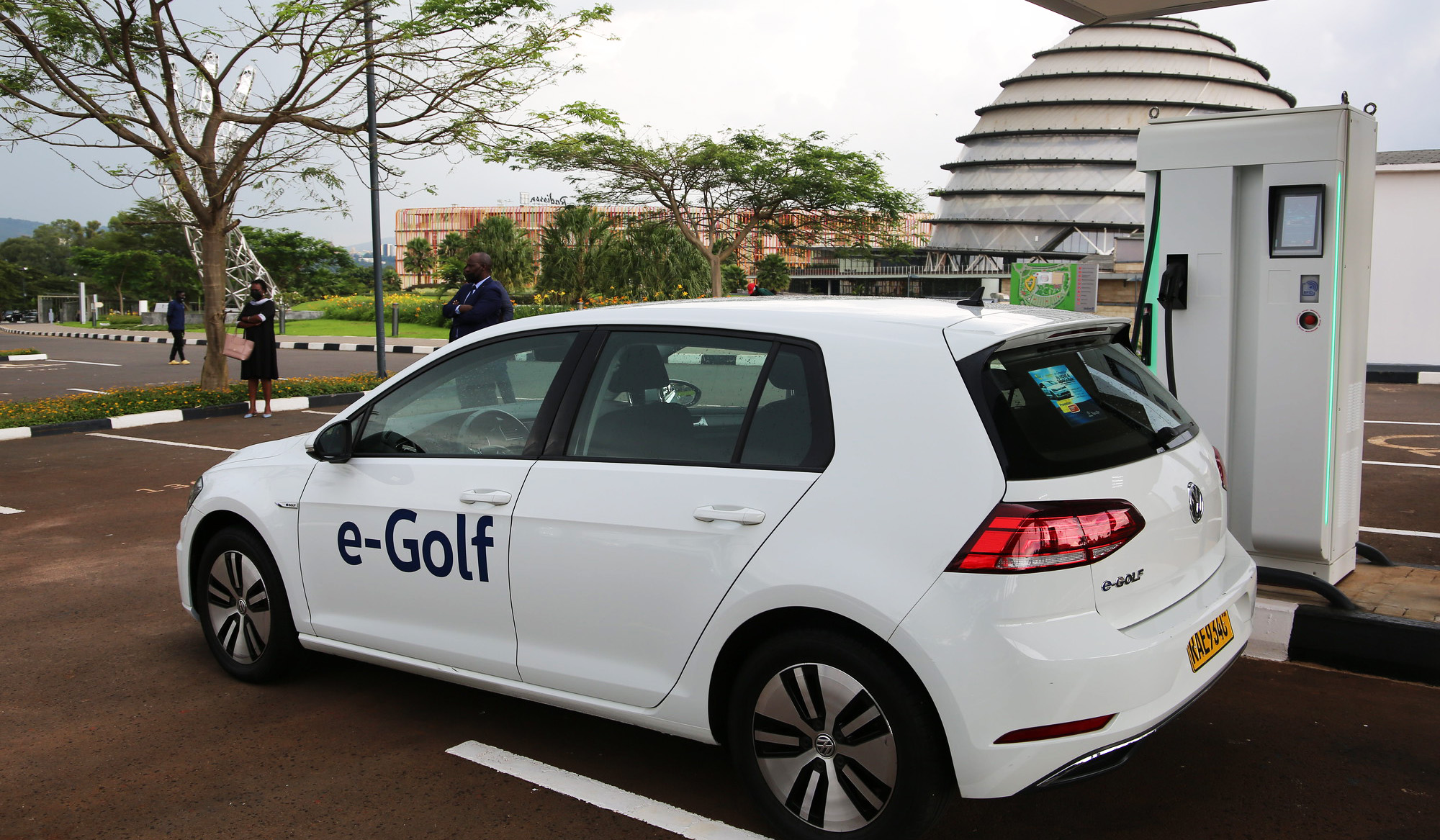 An electric car at a charging station at Kigali Convention Centre on  March 30,2021 .Photo by Craish Bahizi