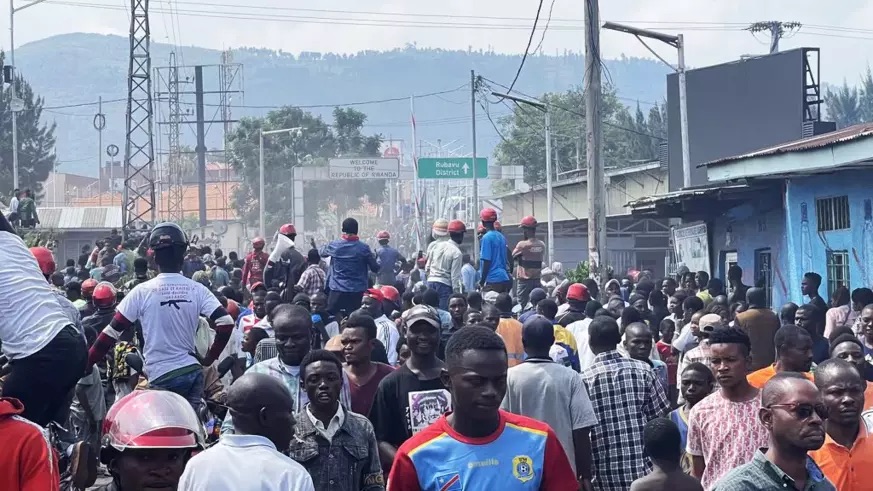 Protesters from Goma city during a demonstration at the border between DR Congo and Rwanda  on June 15,2022.  Organisations of survivors of the 1994 Genocide against the Tutsi and internationally-renowned scholars have expressed concern over rapidly growing hate speech targeting Kinyarwanda speakers in  in the DR Congo. 