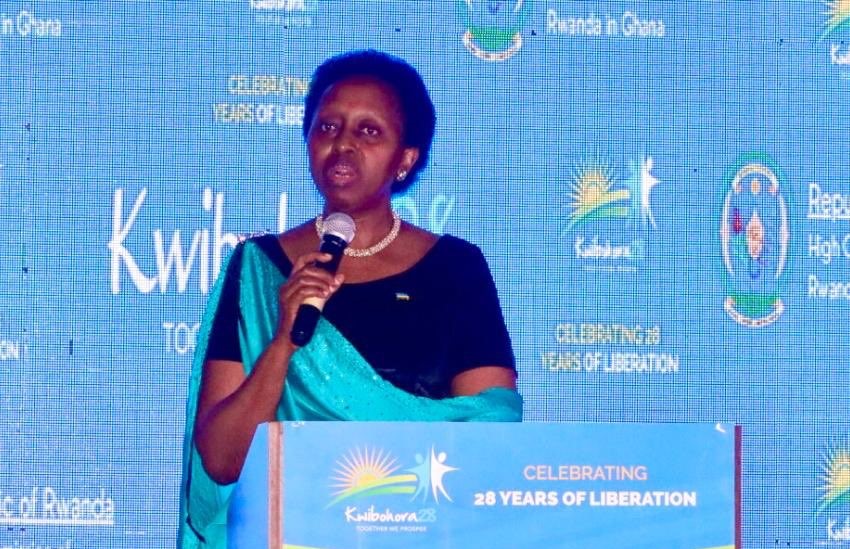 Rwandau2019s High Commissioner to Ghana, Aissa Kacyira delivers remarks during  the 28th Liberation Day celebrations  on July 29. 