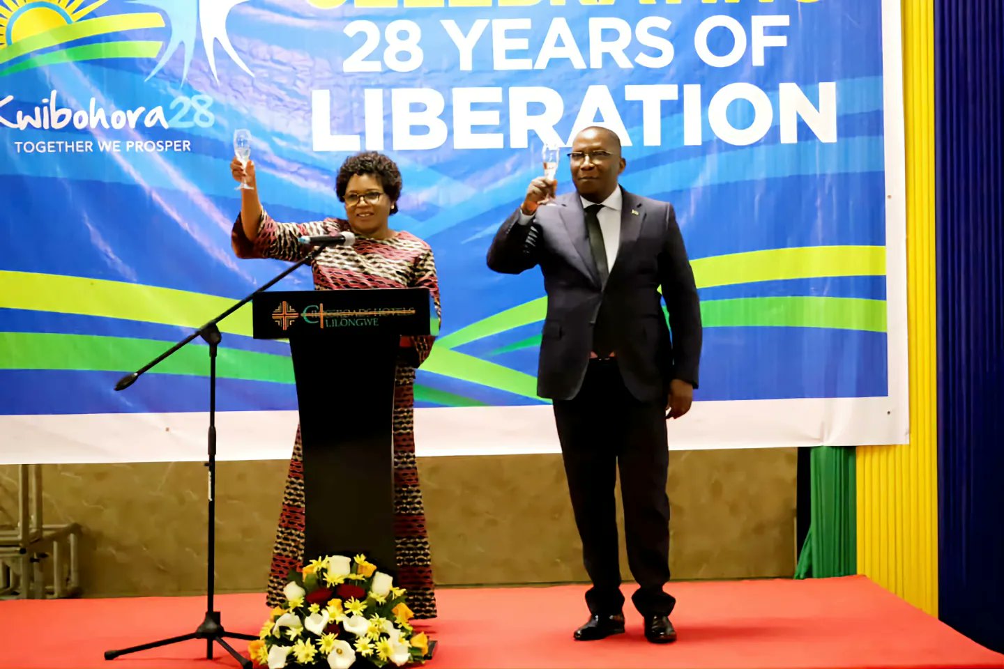 Nancy Tembo, Malawi's Minister of Foreign Affairs, and Amandin Rugira, Rwanda's High Commissioner to Malawi, in Lilongwe, Malawi, during celebrations of Rwandau2019s independence and liberation anniversaries, held on Friday, July 29.
