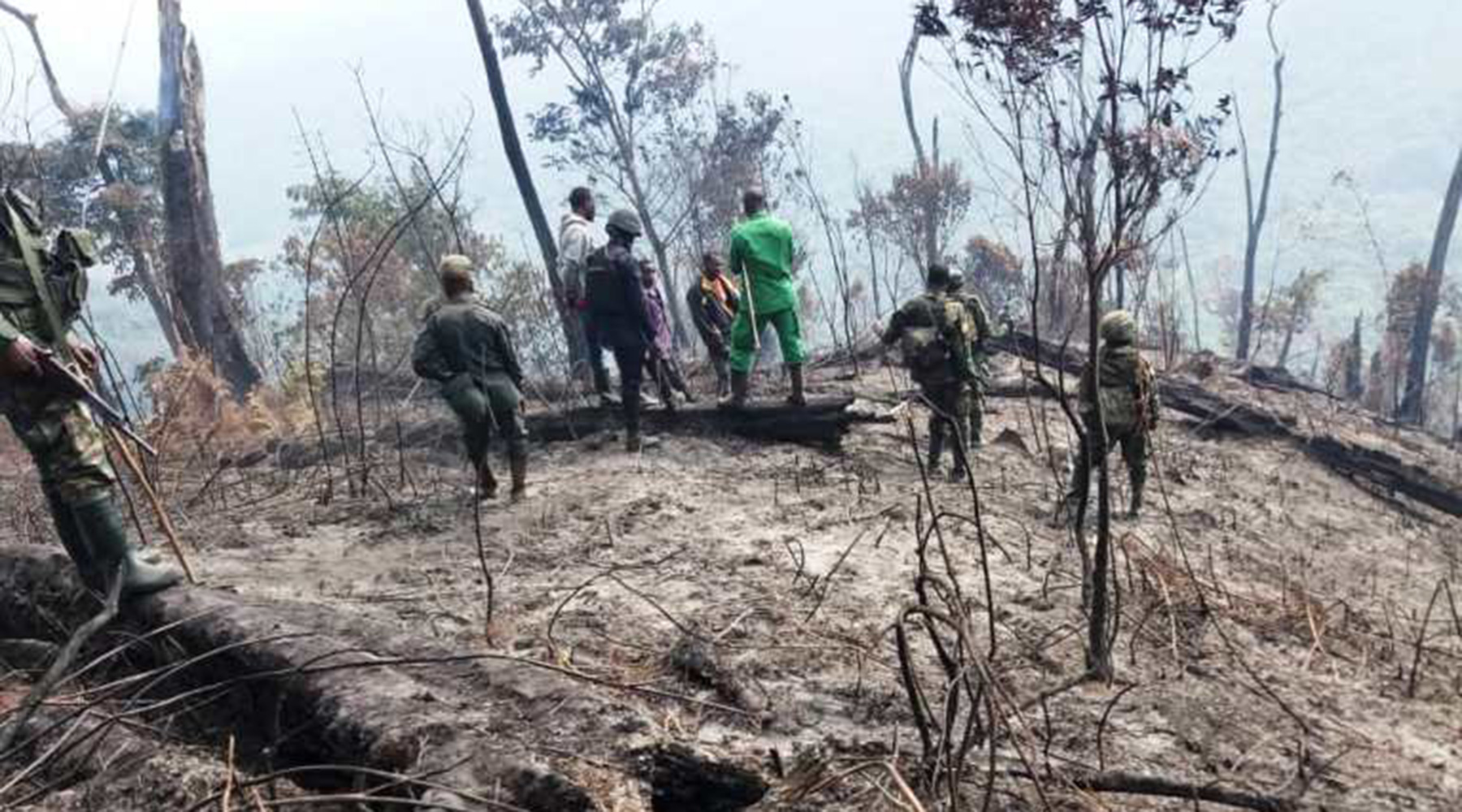 A segment of Nyungwe forest that was affected by fire last week. Seen here, different security personnel inspect the incident in Rusizi District. 