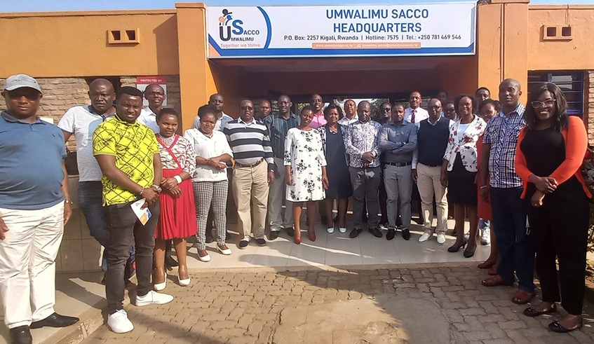 Some teachers pose for a group photo at Umwalimu Sacco headquarters. On Monday, August 1,Government  announced that it would allocate Rwf5 billion towards the recapitalisation of Umwarimu Sacco. Courtesy