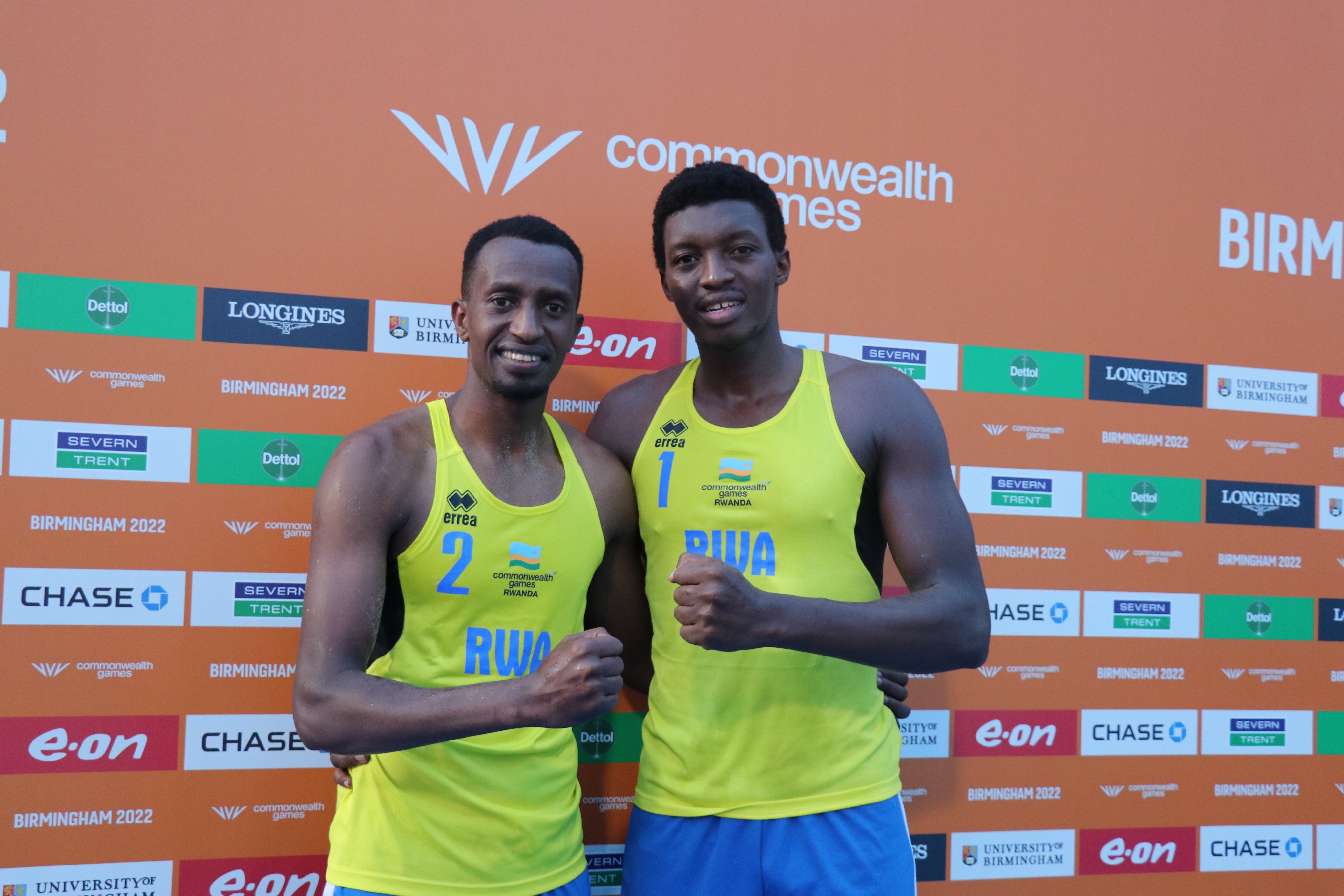 The national menu2019s beach volleyball team players Olivier Ntagengwa and Venuste Gatsinzi  at the commonwealth games.Courtesy