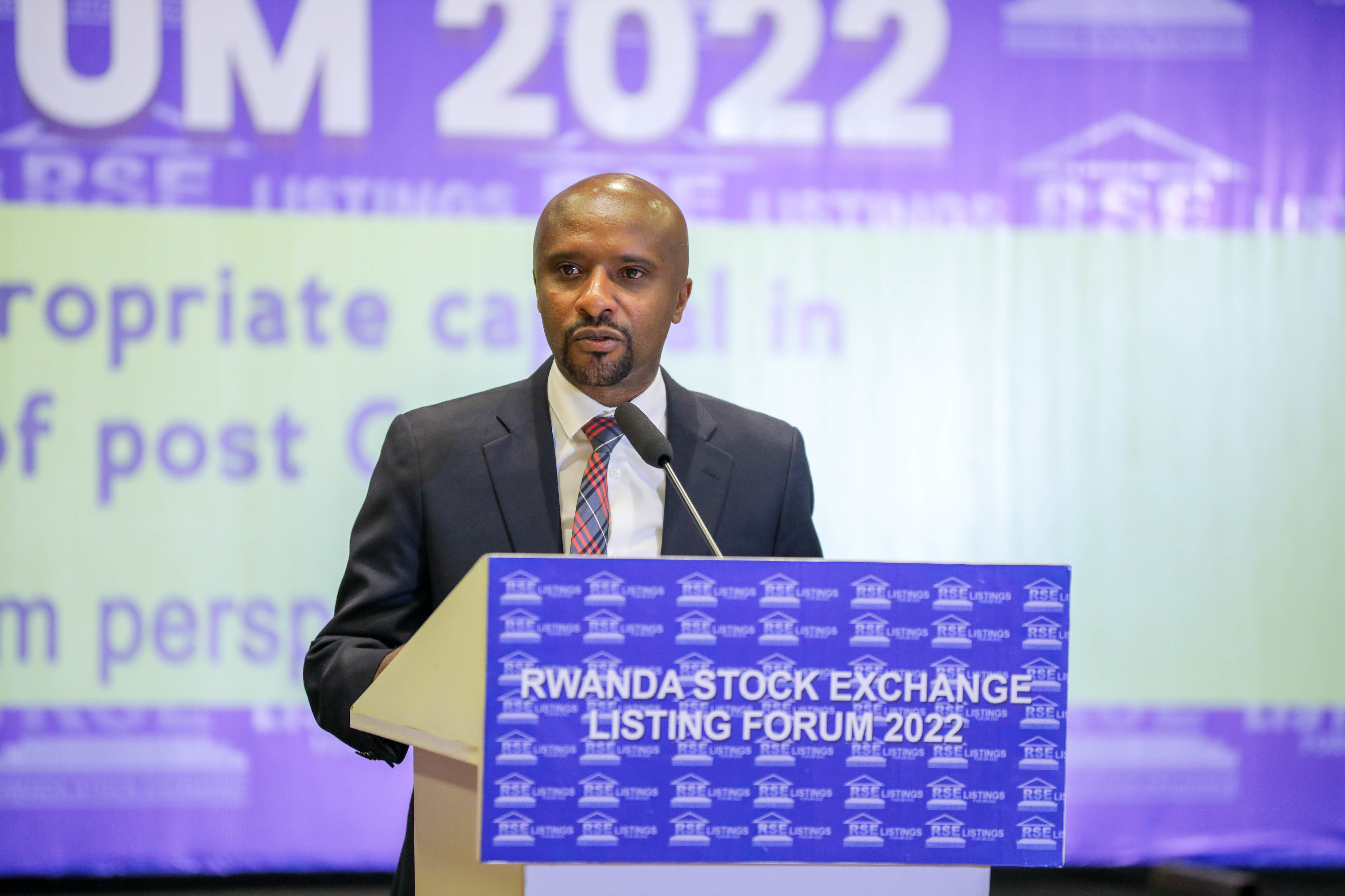 Pierre-Cu00e9lestin Rwabukumba the CEO of Rwanda Stock Exchange delivers remarks during the forum on August 4. / All photos by Dan Nsengiyumva