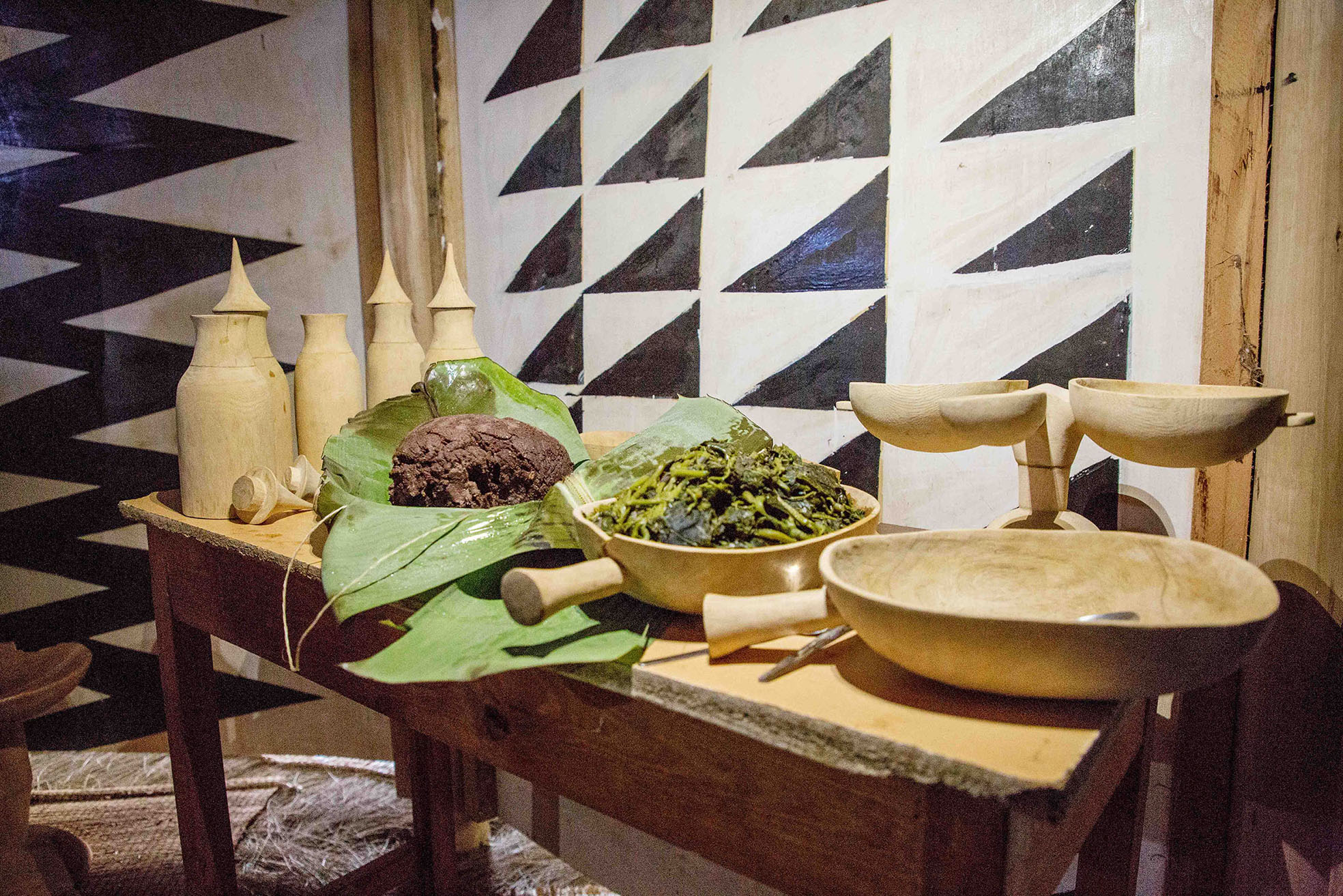 A traditional table set-up at Ikirenga Cultural Centre in Rulindo District. Sorghum cake, vegetables and milk were important meals in Rwanda. Photos: Dan Nsengiyumva.
