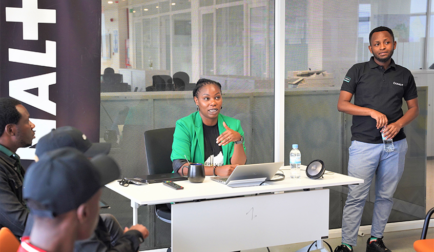 Marie-Claire Muneza, Communication Manager at Canal + Rwanda, Canal + Group addresses journalists on August 4. All Photos by Craish Bahizi