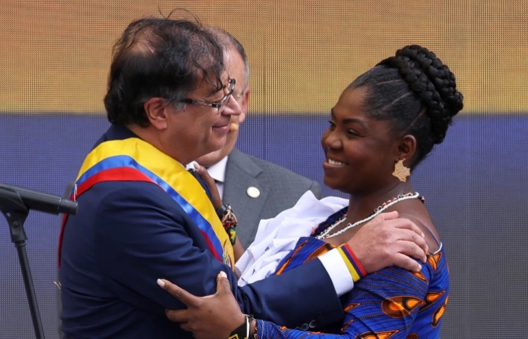 Colombiau2019s Vice President Francia Marquez and Colombiau2019s President Gustavo Petro hug during the swearing-in ceremony at Plaza Bolivar, in Bogota, Colombia, August 7, 2022. 