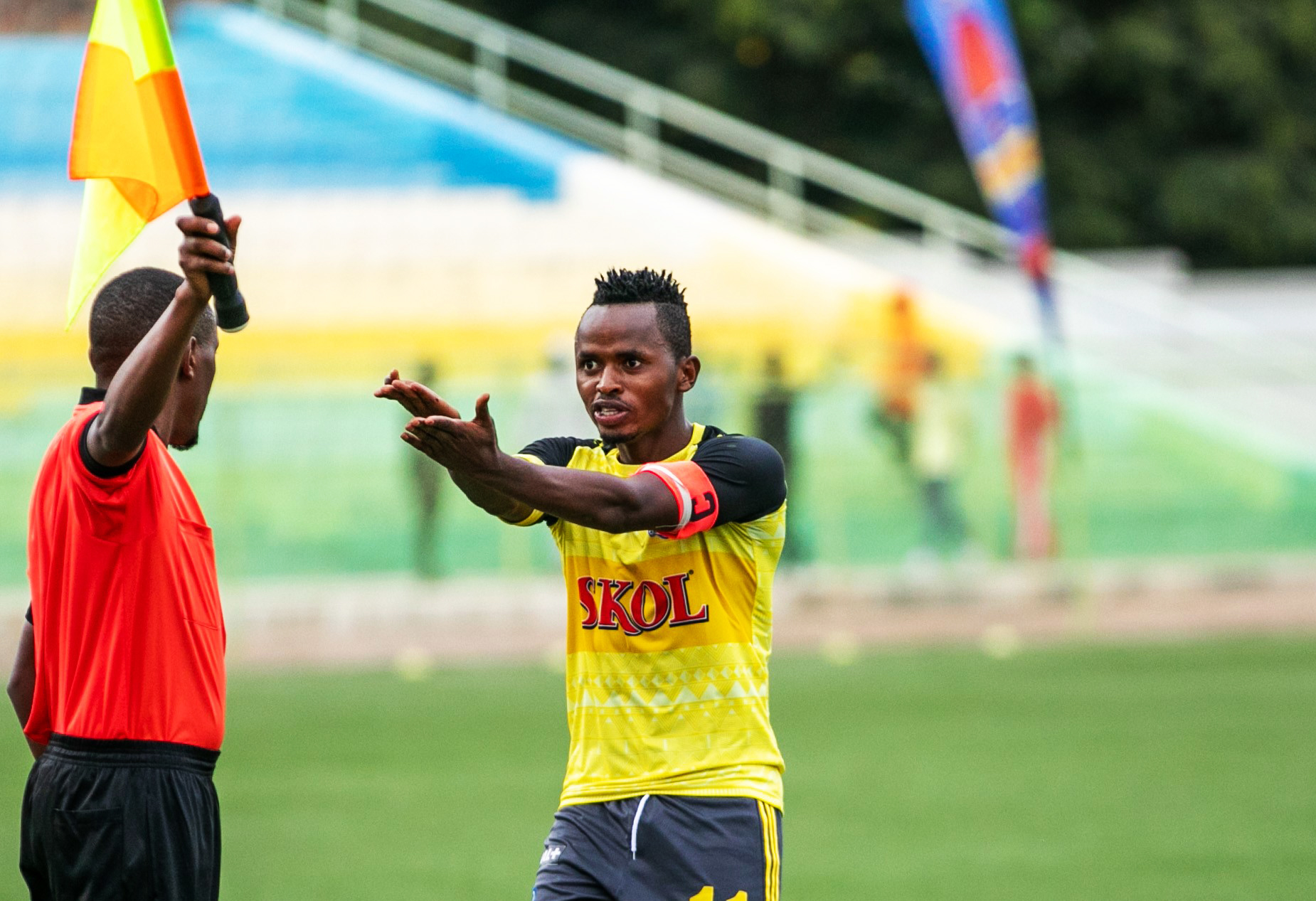 Rayon Sports captain Kevin Muhire reacts on the linesman refereeu2019s decision during the game. The team has announced that Muhire is leaving the club. 