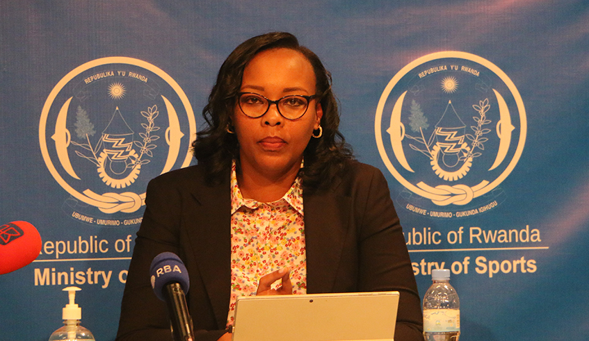 Minister for Sports Aurore Mimosa Munyangaju speaks to media about the the Tony Football Excellence programme, that will boost football development among young talented footballers. Photo: Courtesy.