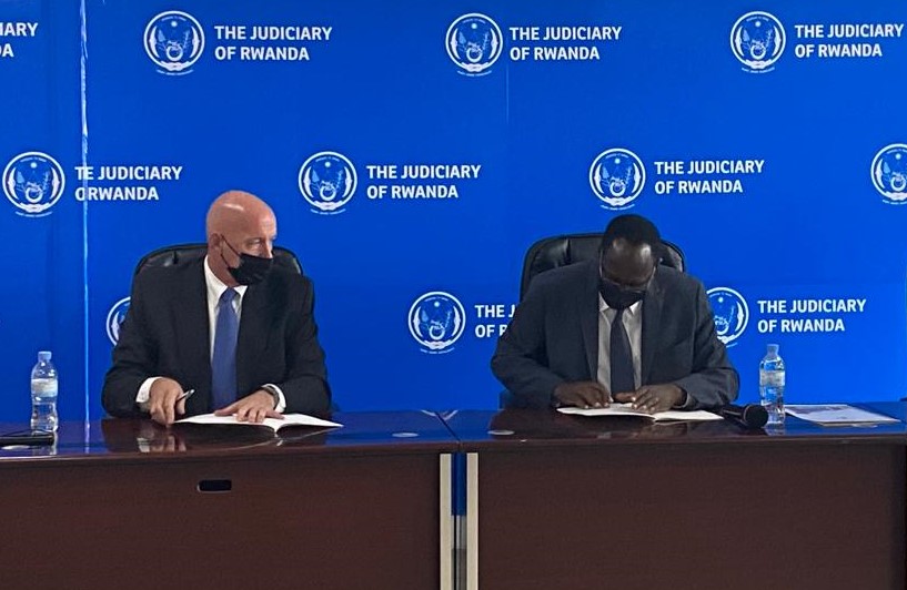 Chief Justice Faustin Ntezilyayo and Scott F. Leist, the East Africa Director of the Pepperdine Caruso School of Law during the signing at the Supreme Court on Wednesday, August 10. / Courtesy