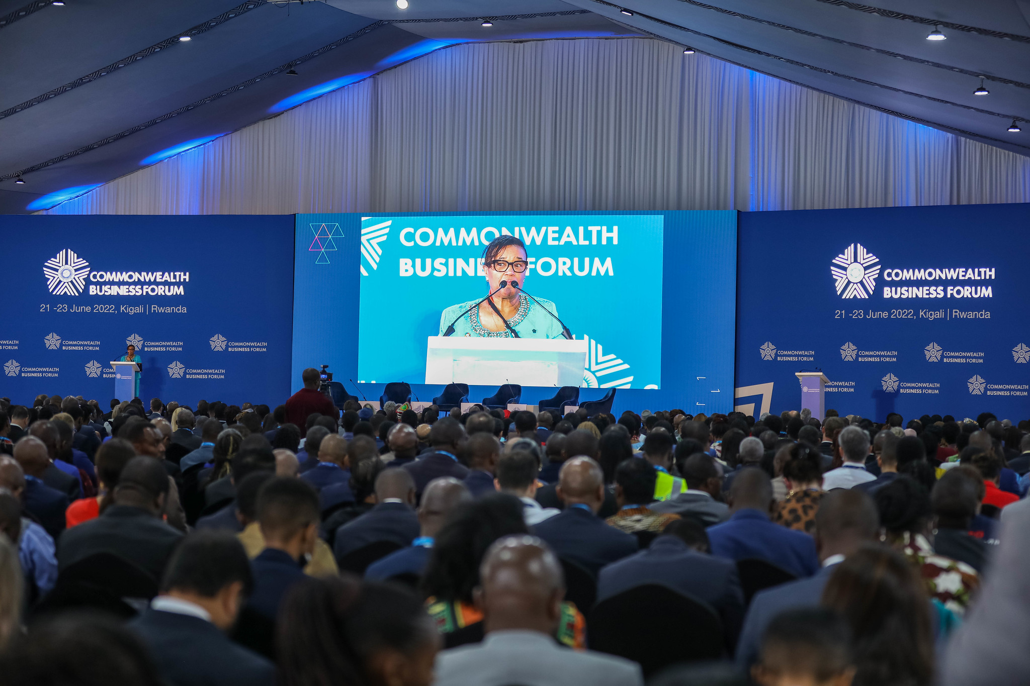 Delegates follow Patricia Scotland, the Commonwealth Secretary-General's remarks during the CHOGM in Kigali in June 2022. 