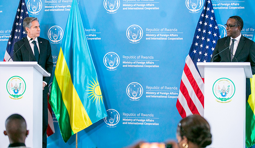 The US Secretary of State, Antony J. Blinken and Minister of Foreign Affairs and International Cooperation Vincent Biruta  during a joint press briefing in Kigali on August 11. / Photo by Olivier Mugwiza