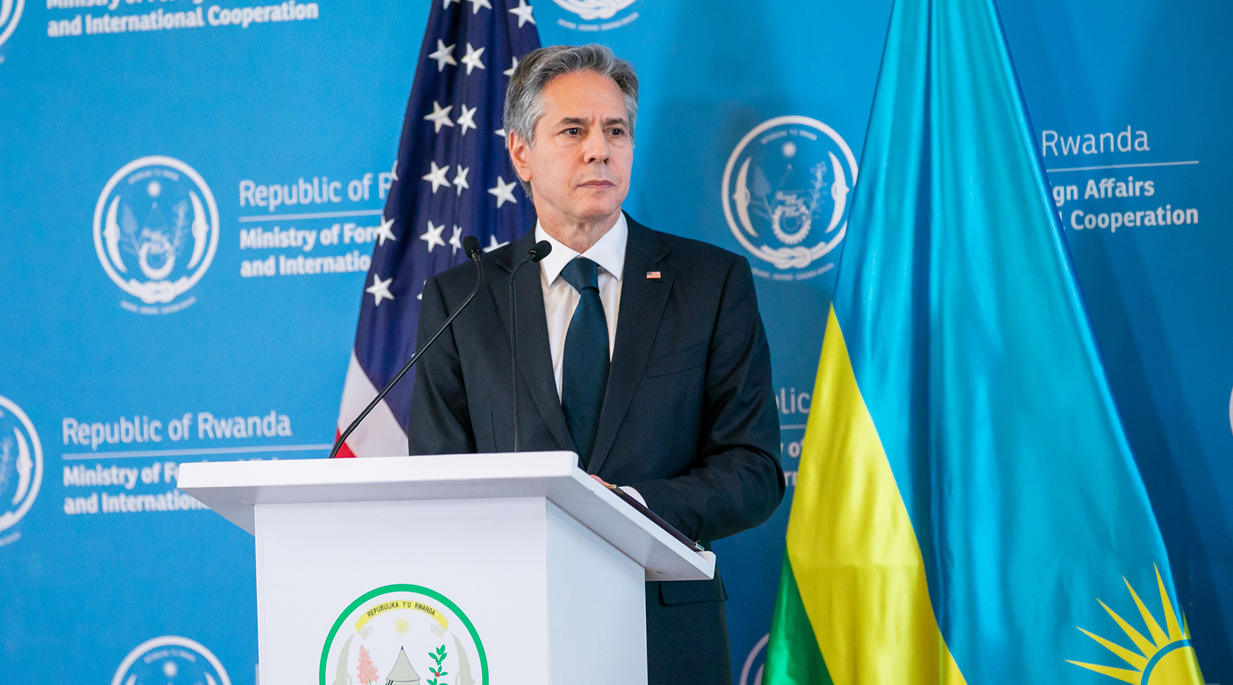 The US Secretary of State, Antony J. Blinken, during a joint news conference with Foreign Affairs Minister Dr Vincent Biruta in Kigali on August 11. 