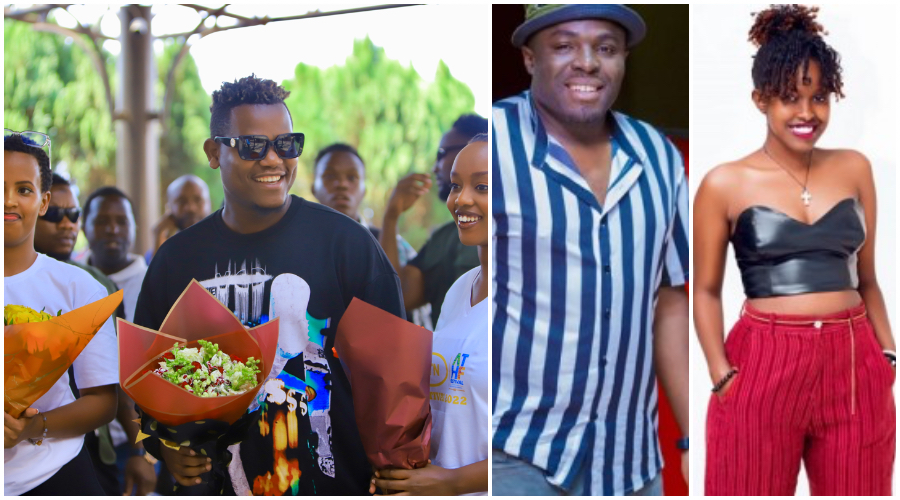L-R: Bruce Medlodie waiting with flowers for Kizz Daniel; Uncle Austin and Montez who is currently under his management. 