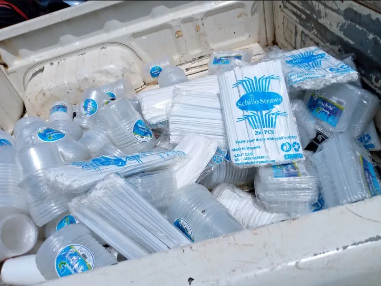 Some impounded single use plastics that were collected from different shop in Rwanda. At least 110 tonnes of single-use plastic items in the country have been collected for recycling under a new initiative.